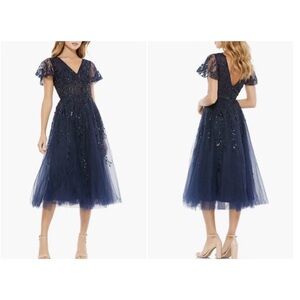 MAC DUGGAL 20304 Midnight Navy Blue Beaded Flutter Sleeve Tulle Tea Midi Dress 4